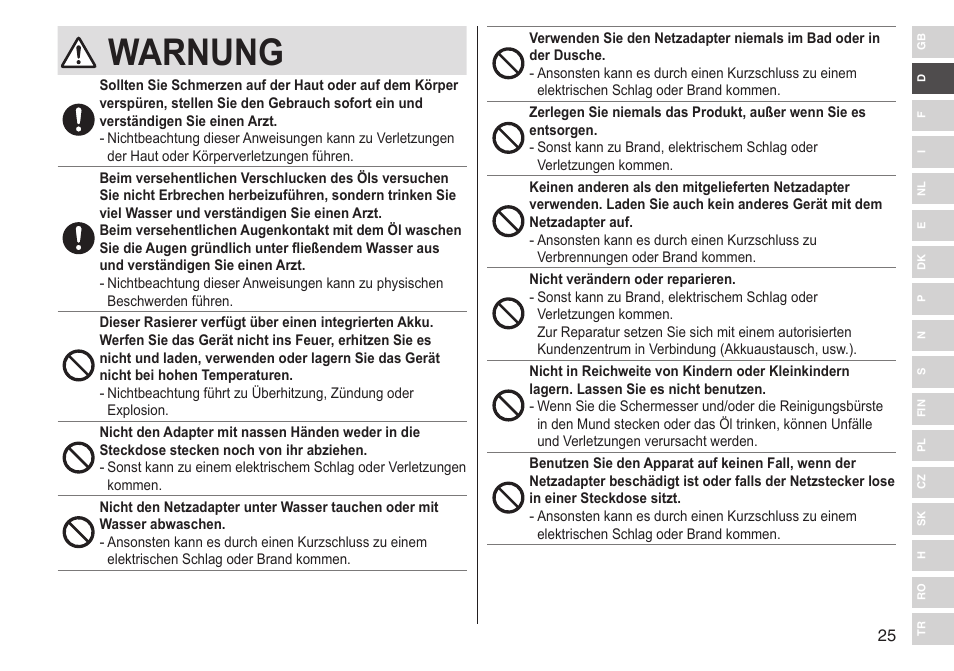 Warnung | Panasonic ESLV65 User Manual | Page 25 / 282
