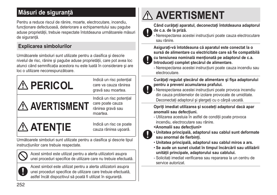 Pericol, Avertisment, Atenţie | Măsuri de siguranţă | Panasonic ESLV65 User Manual | Page 252 / 282