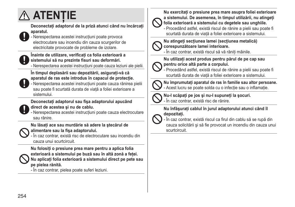 Atenţie | Panasonic ESLV65 User Manual | Page 254 / 282