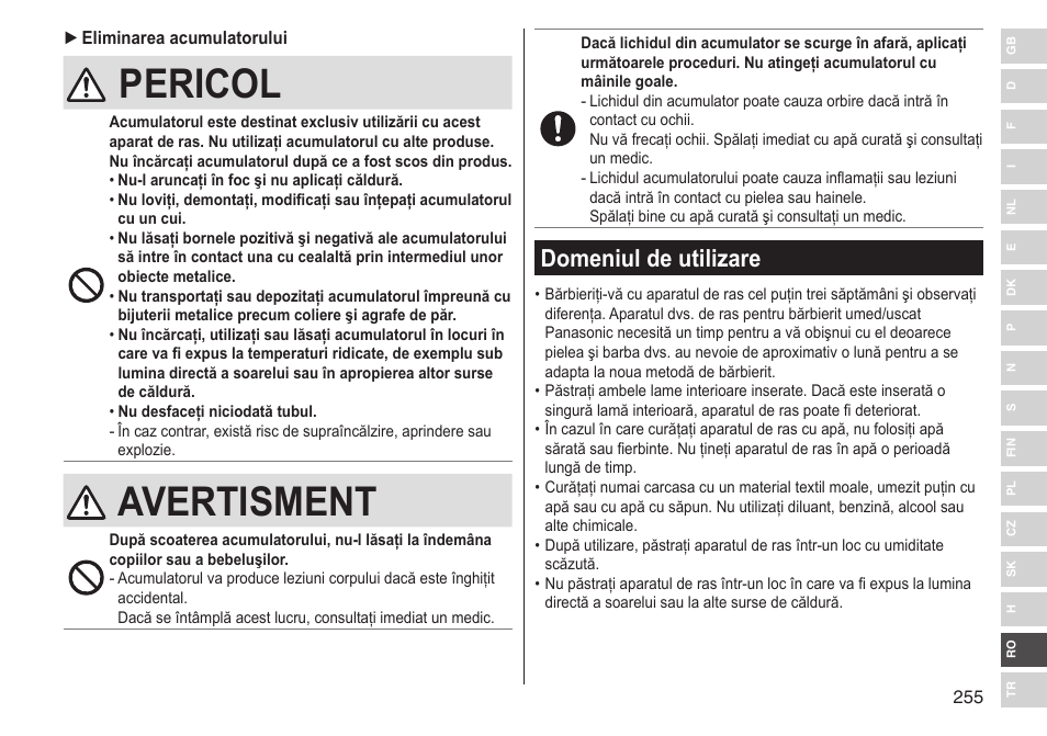 Pericol, Avertisment, Domeniul de utilizare | Panasonic ESLV65 User Manual | Page 255 / 282