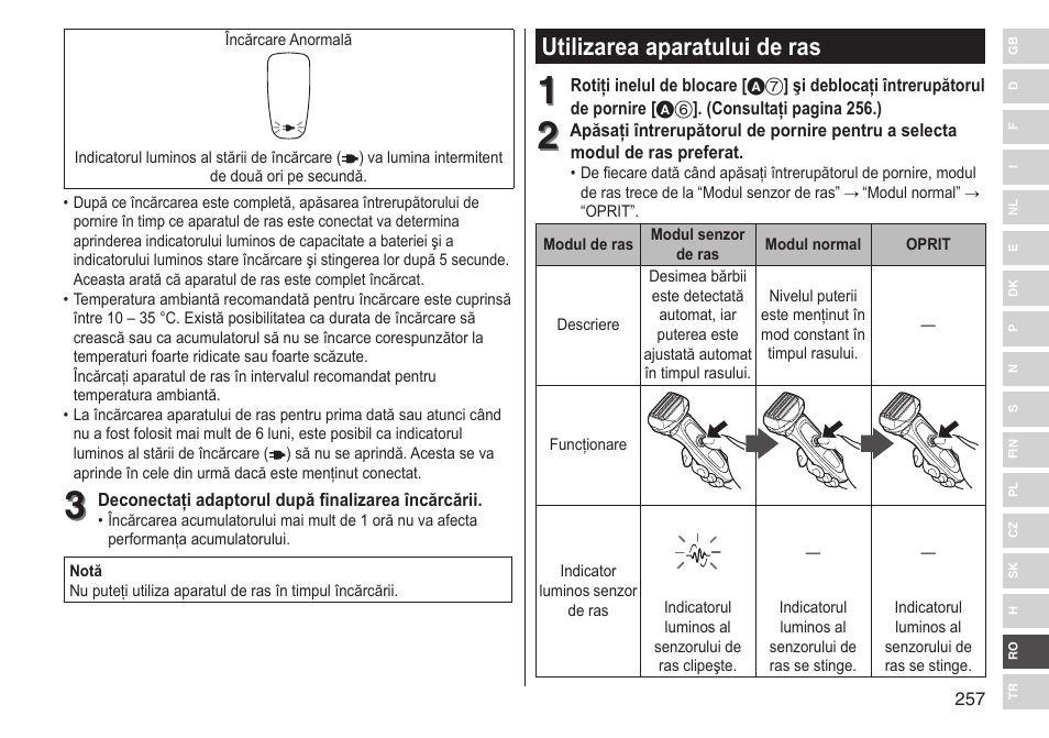 Utilizarea aparatului de ras | Panasonic ESLV65 User Manual | Page 257 / 282