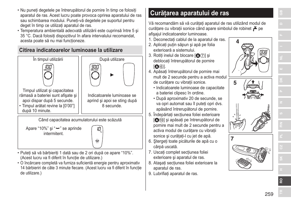 Curăţarea aparatului de ras, Citirea indicatoarelor luminoase la utilizare | Panasonic ESLV65 User Manual | Page 259 / 282