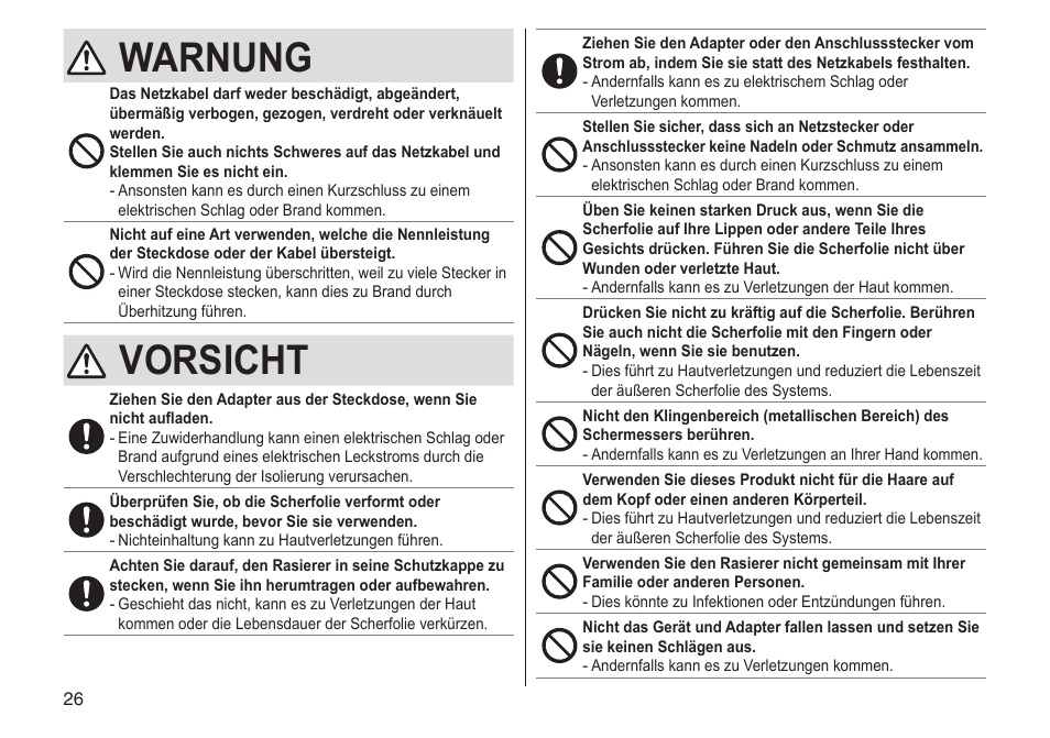 Warnung, Vorsicht | Panasonic ESLV65 User Manual | Page 26 / 282