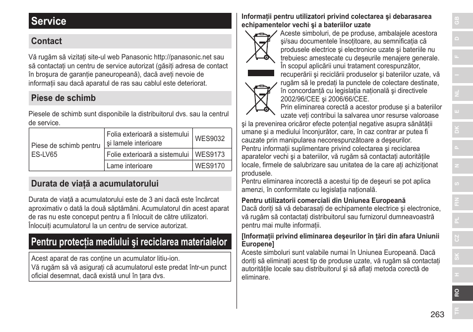 Service, Contact, Piese de schimb | Durata de viaţă a acumulatorului | Panasonic ESLV65 User Manual | Page 263 / 282
