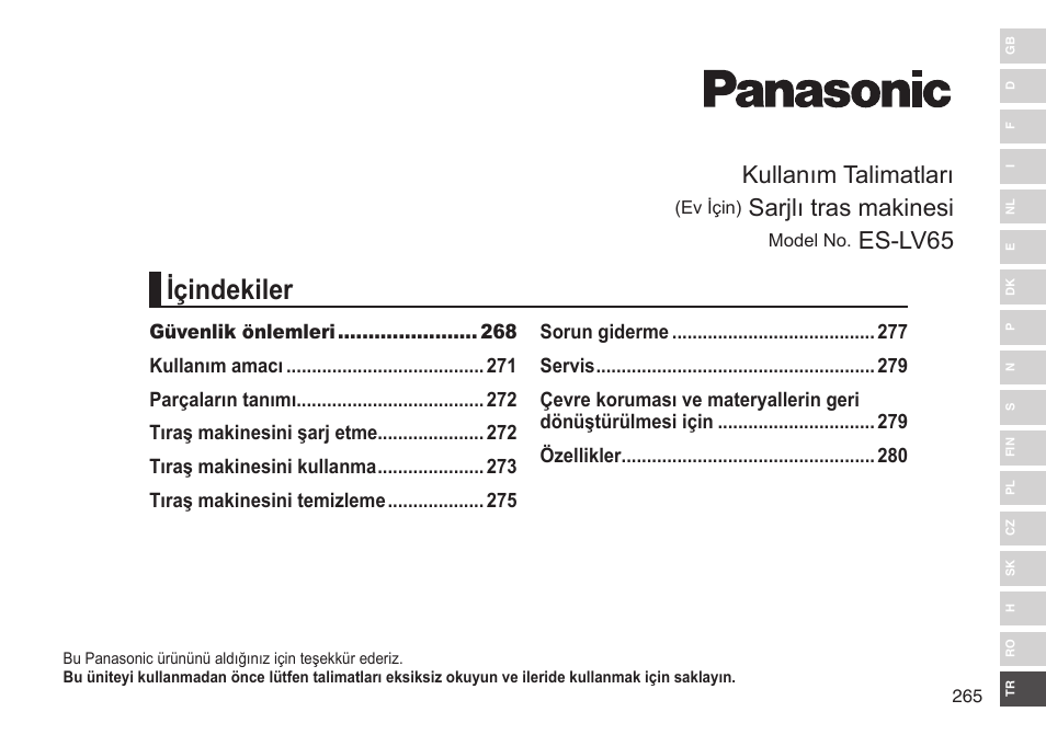 Içindekiler, Kullanım talimatları, Sarjlı tras makinesi | Es-lv65 | Panasonic ESLV65 User Manual | Page 265 / 282