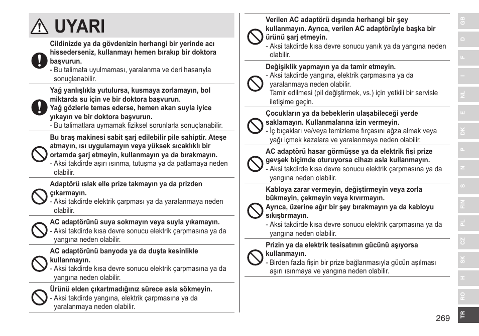 Uyari | Panasonic ESLV65 User Manual | Page 269 / 282