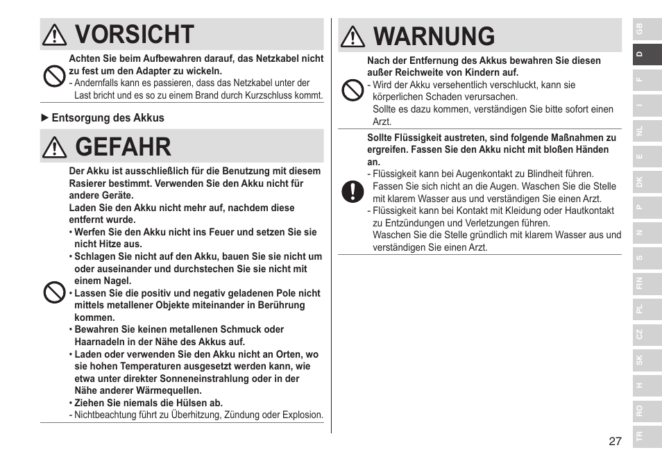 Vorsicht, Gefahr, Warnung | Panasonic ESLV65 User Manual | Page 27 / 282