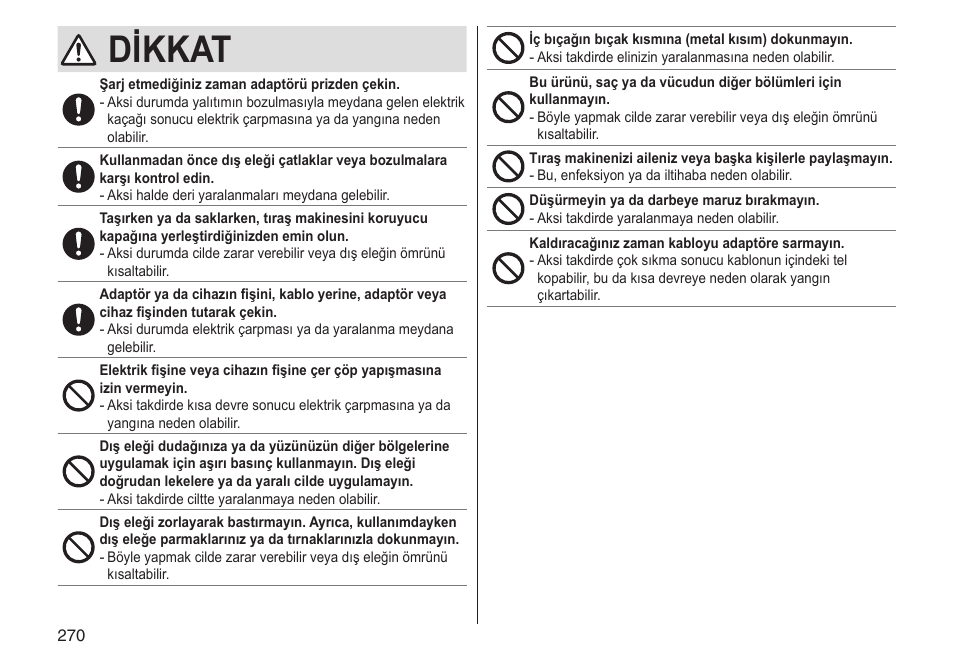 Dikkat | Panasonic ESLV65 User Manual | Page 270 / 282