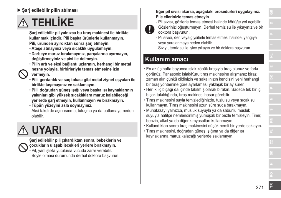 Tehlike, Uyari, Kullanım amacı | Panasonic ESLV65 User Manual | Page 271 / 282
