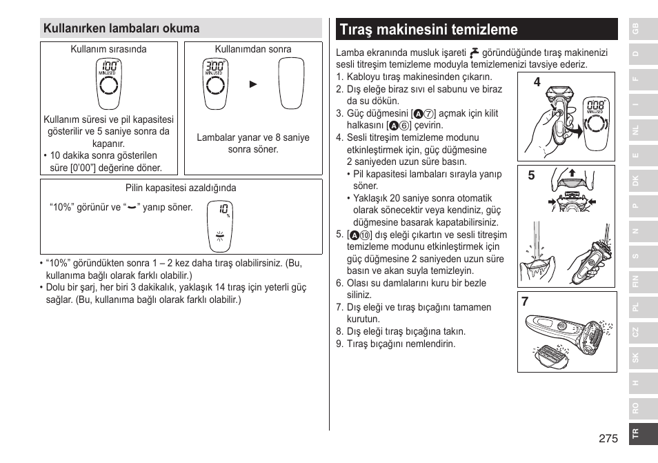 Tıraş makinesini temizleme, Kullanırken lambaları okuma | Panasonic ESLV65 User Manual | Page 275 / 282
