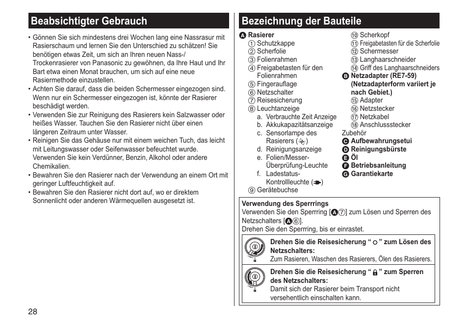 Bezeichnung der bauteile, Beabsichtigter gebrauch | Panasonic ESLV65 User Manual | Page 28 / 282
