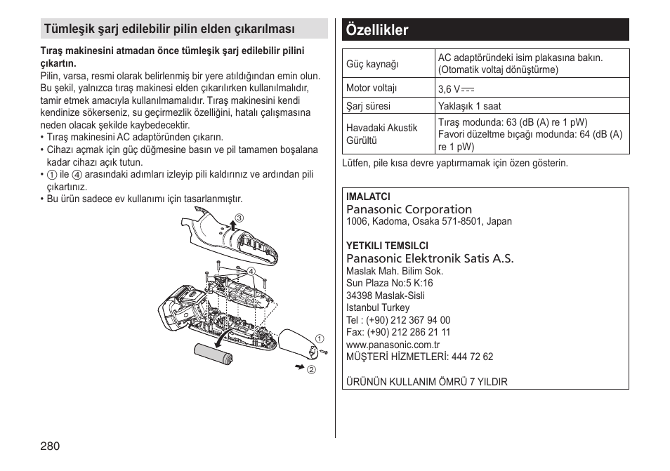 Özellikler, Tümleşik şarj edilebilir pilin elden çıkarılması | Panasonic ESLV65 User Manual | Page 280 / 282