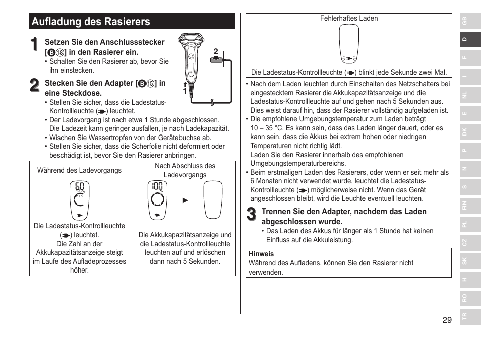 Aufladung des rasierers | Panasonic ESLV65 User Manual | Page 29 / 282