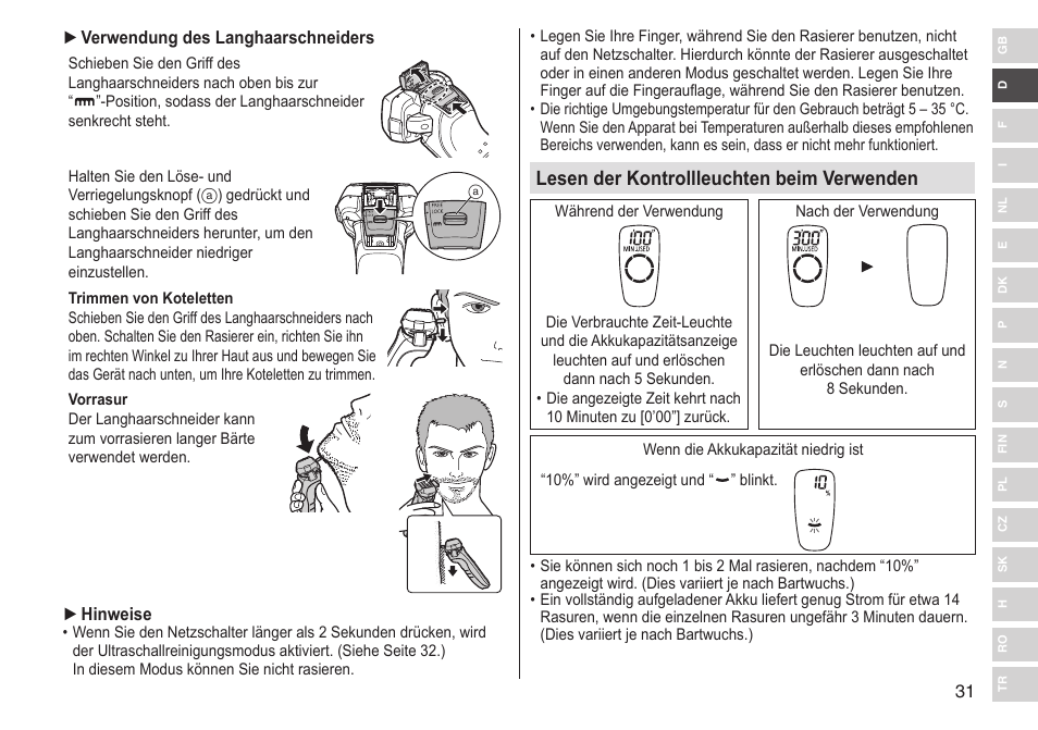 Lesen der kontrollleuchten beim verwenden | Panasonic ESLV65 User Manual | Page 31 / 282