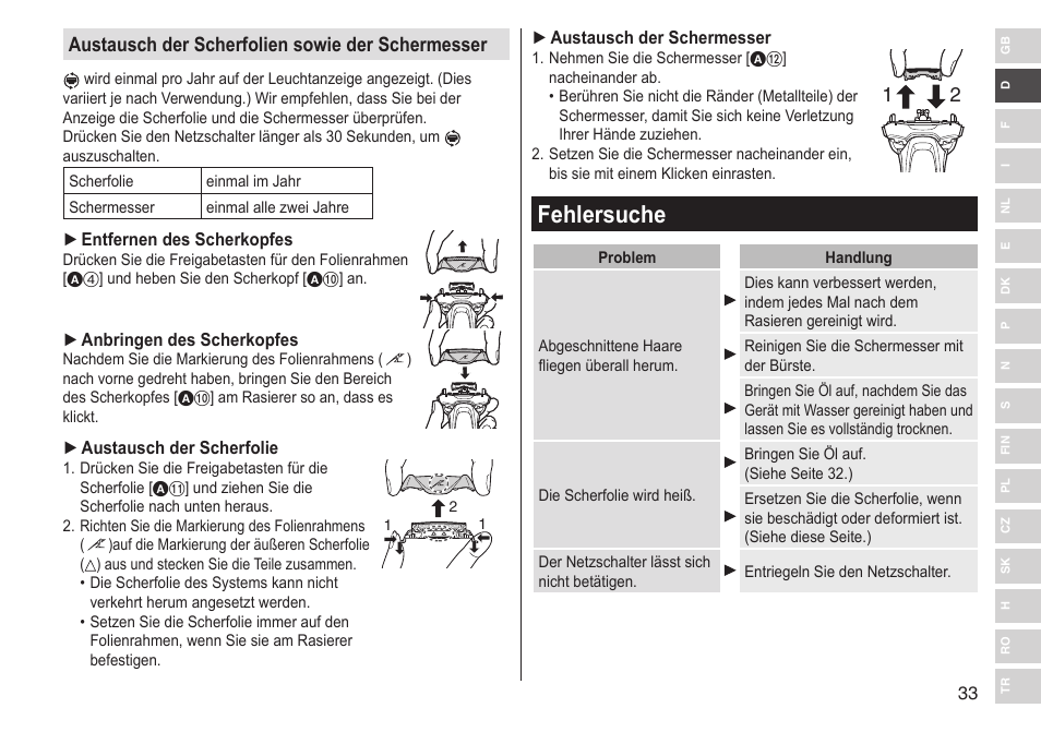 Fehlersuche, Austausch der scherfolien sowie der schermesser | Panasonic ESLV65 User Manual | Page 33 / 282