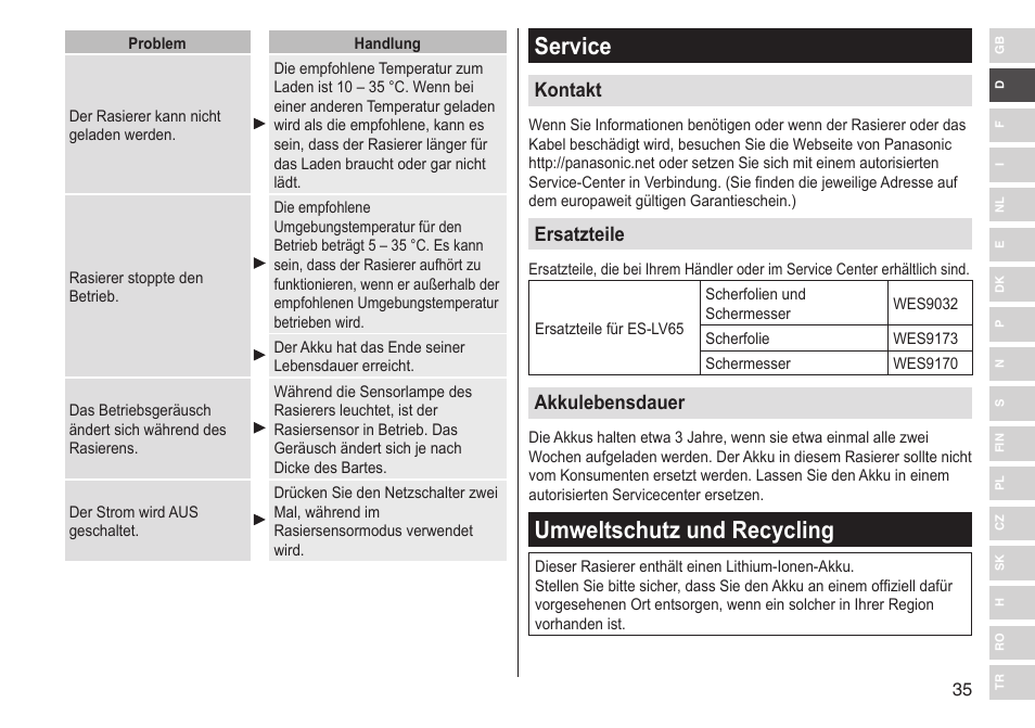 Service, Umweltschutz und recycling, Kontakt | Ersatzteile, Akkulebensdauer | Panasonic ESLV65 User Manual | Page 35 / 282