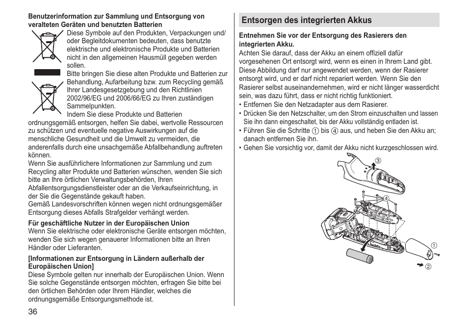 Entsorgen des integrierten akkus | Panasonic ESLV65 User Manual | Page 36 / 282