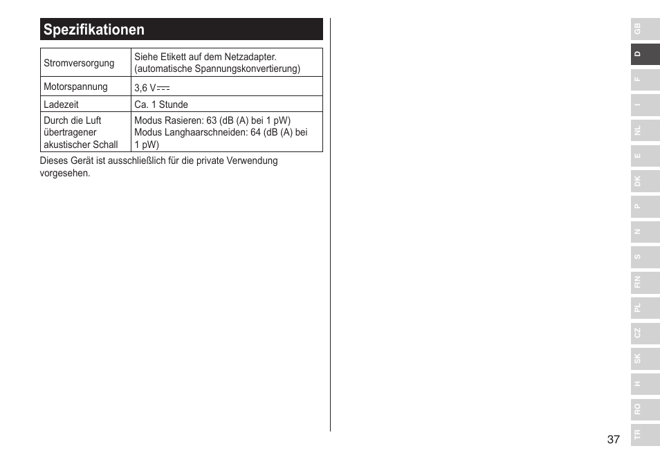 Spezifikationen | Panasonic ESLV65 User Manual | Page 37 / 282