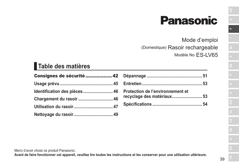 Panasonic ESLV65 User Manual | Page 39 / 282