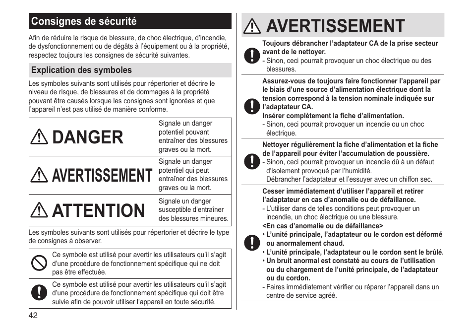 Danger, Avertissement, Attention | Consignes de sécurité | Panasonic ESLV65 User Manual | Page 42 / 282