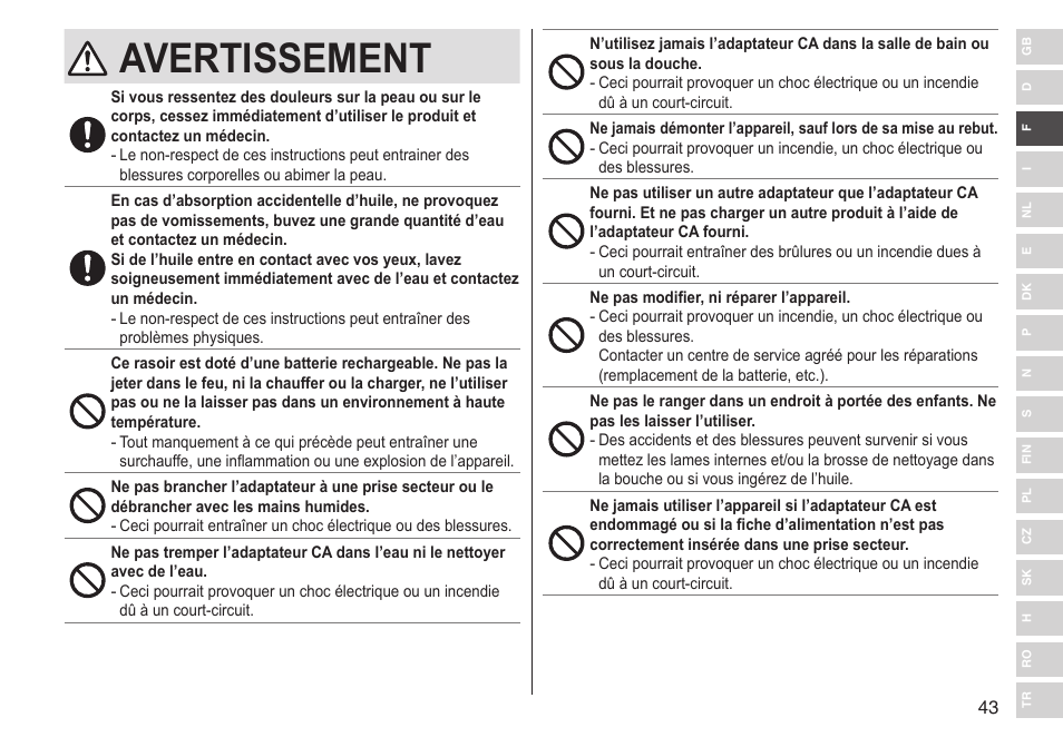 Avertissement | Panasonic ESLV65 User Manual | Page 43 / 282