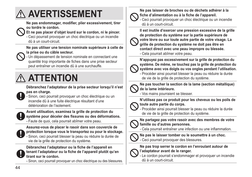 Avertissement, Attention | Panasonic ESLV65 User Manual | Page 44 / 282