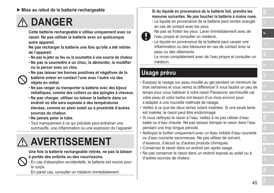 Danger, Avertissement, Usage prévu | Panasonic ESLV65 User Manual | Page 45 / 282