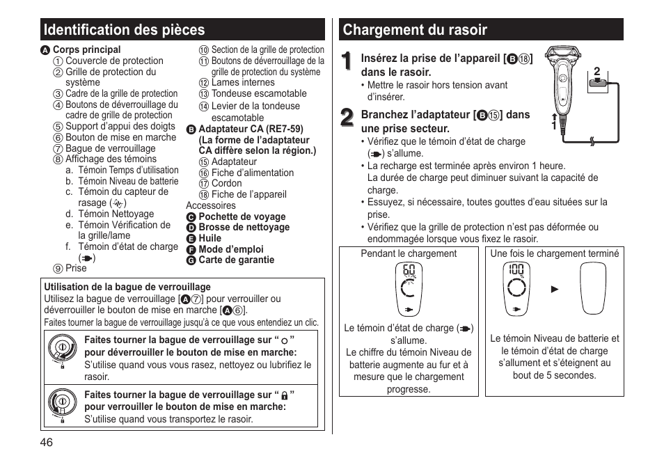 Chargement du rasoir, Identification des pièces | Panasonic ESLV65 User Manual | Page 46 / 282
