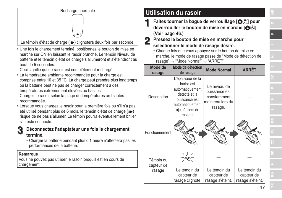 Utilisation du rasoir | Panasonic ESLV65 User Manual | Page 47 / 282