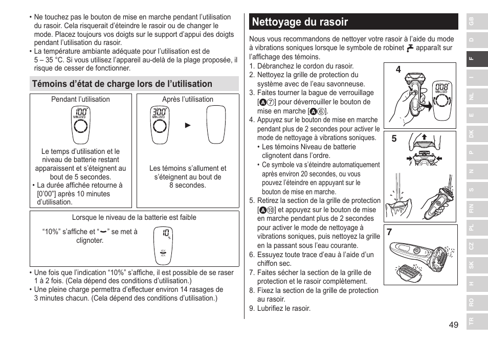 Nettoyage du rasoir, Témoins d’état de charge lors de l’utilisation | Panasonic ESLV65 User Manual | Page 49 / 282