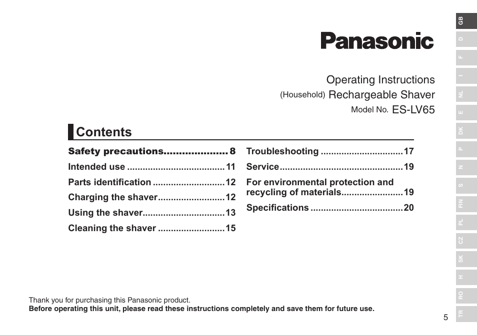 Panasonic ESLV65 User Manual | Page 5 / 282