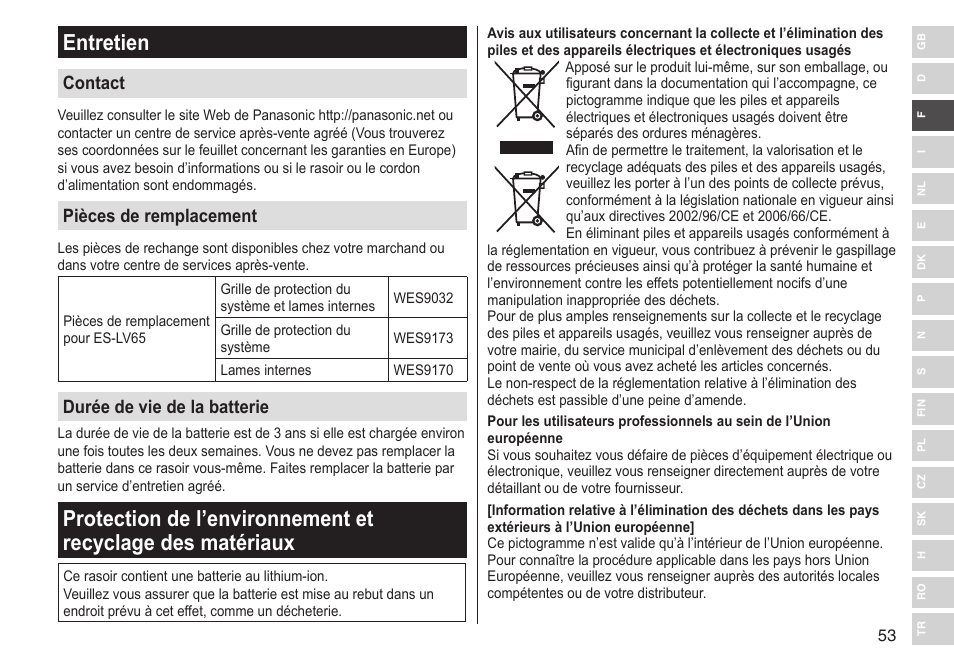 Entretien, Contact, Pièces de remplacement | Durée de vie de la batterie | Panasonic ESLV65 User Manual | Page 53 / 282