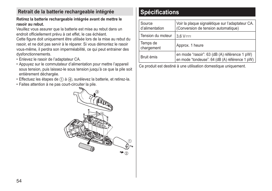 Spécifications, Retrait de la batterie rechargeable intégrée | Panasonic ESLV65 User Manual | Page 54 / 282