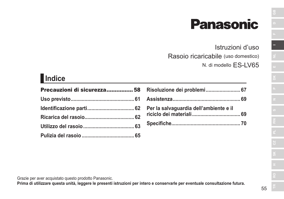 Indice, Istruzioni d’uso rasoio ricaricabile, Es-lv65 | Panasonic ESLV65 User Manual | Page 55 / 282