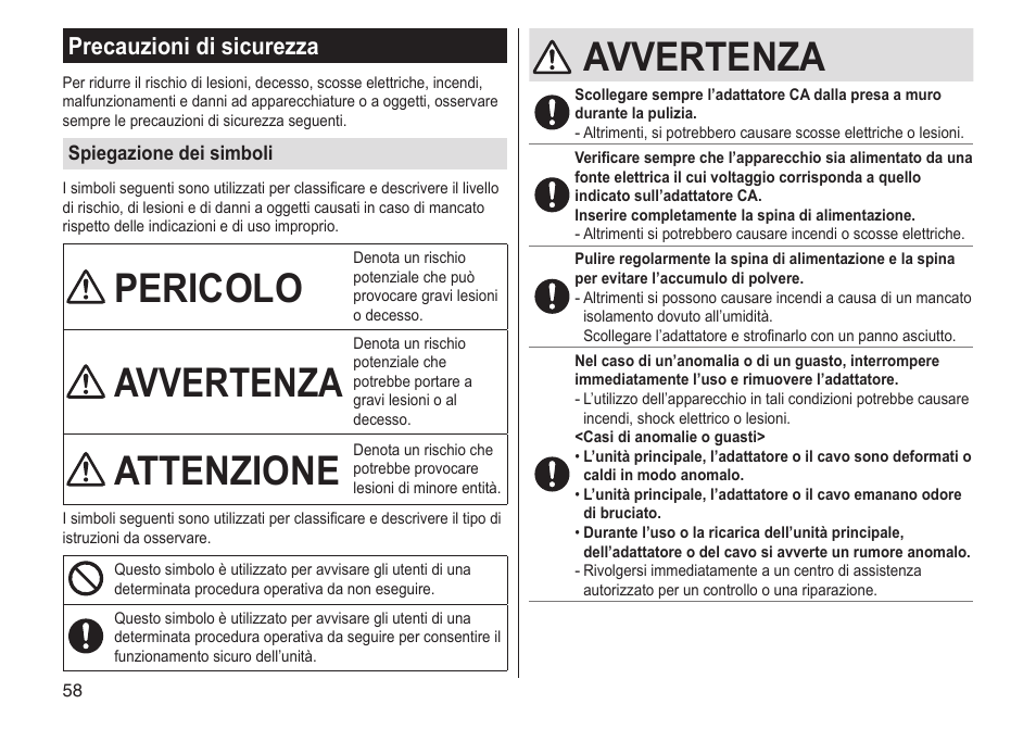 Pericolo, Avvertenza, Attenzione | Precauzioni di sicurezza | Panasonic ESLV65 User Manual | Page 58 / 282