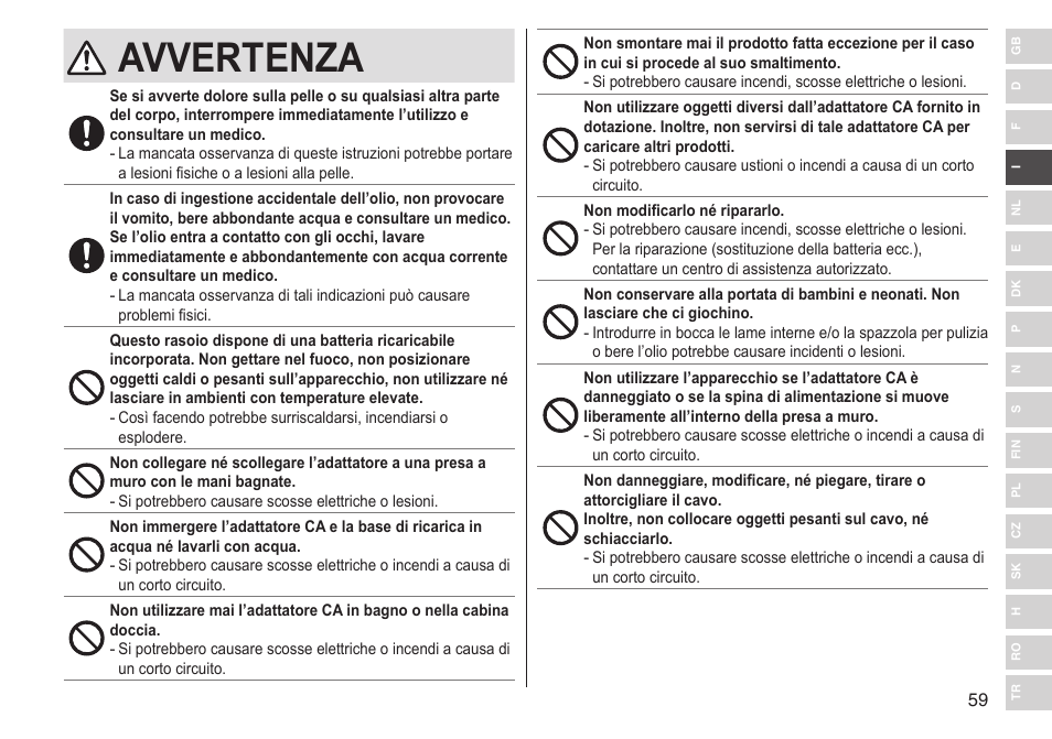 Avvertenza | Panasonic ESLV65 User Manual | Page 59 / 282