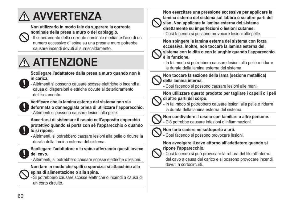 Avvertenza, Attenzione | Panasonic ESLV65 User Manual | Page 60 / 282