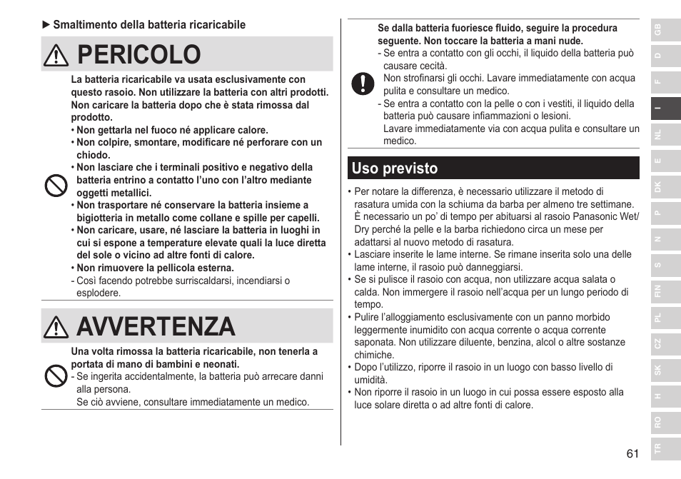 Pericolo, Avvertenza, Uso previsto | Panasonic ESLV65 User Manual | Page 61 / 282