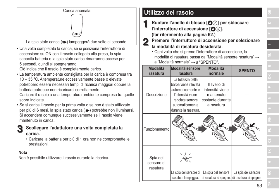 Utilizzo del rasoio | Panasonic ESLV65 User Manual | Page 63 / 282