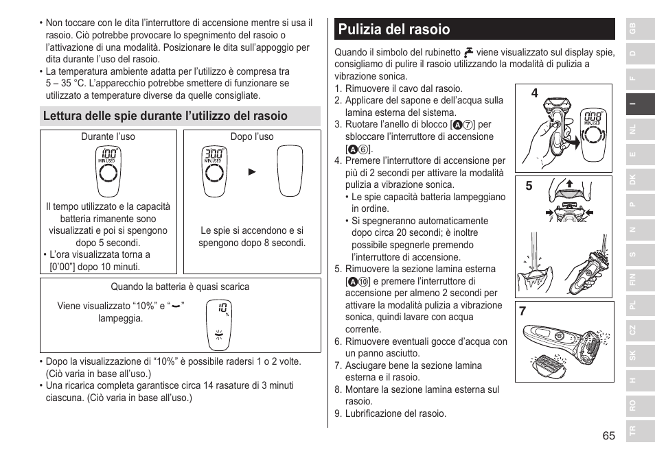 Pulizia del rasoio, Lettura delle spie durante l’utilizzo del rasoio | Panasonic ESLV65 User Manual | Page 65 / 282