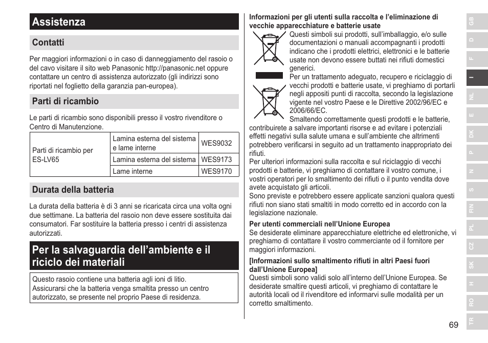 Assistenza, Contatti, Parti di ricambio | Durata della batteria | Panasonic ESLV65 User Manual | Page 69 / 282