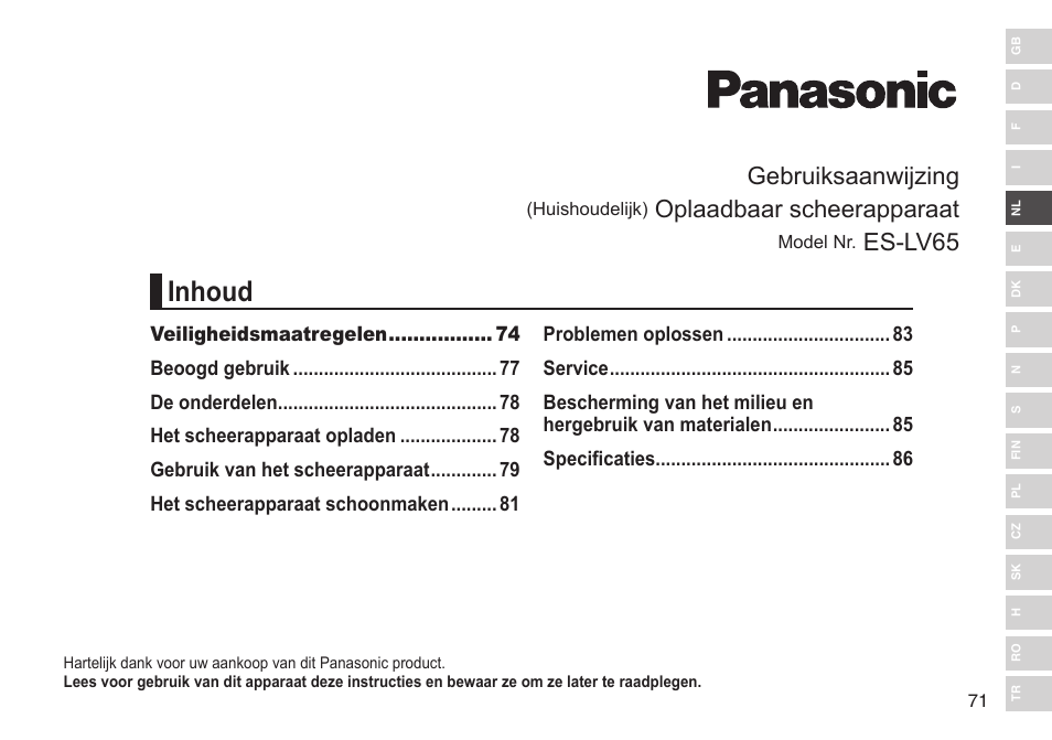 Inhoud, Gebruiksaanwijzing, Oplaadbaar scheerapparaat | Es-lv65 | Panasonic ESLV65 User Manual | Page 71 / 282