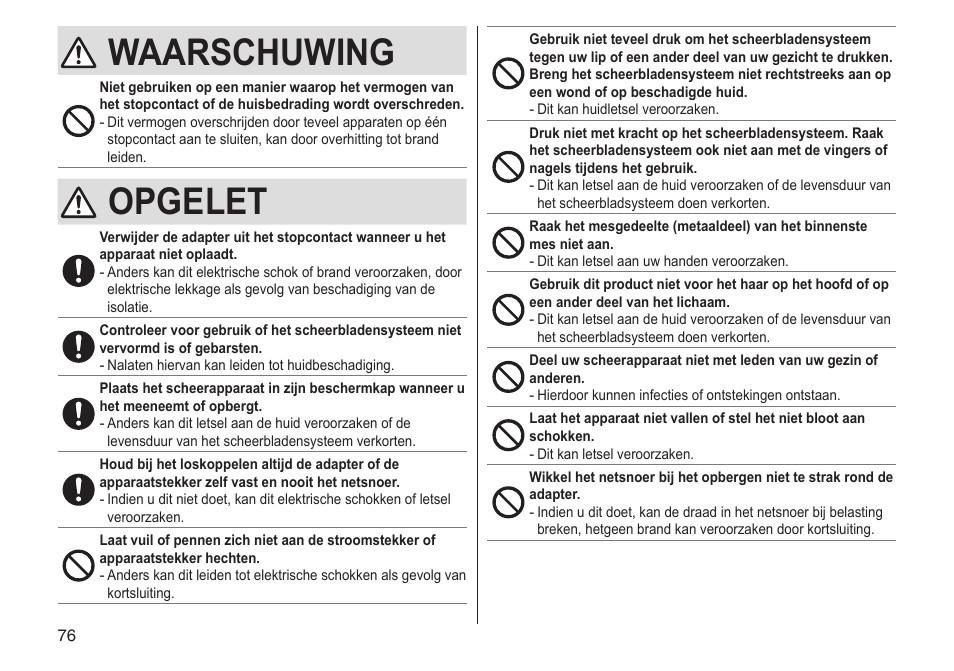 Waarschuwing, Opgelet | Panasonic ESLV65 User Manual | Page 76 / 282