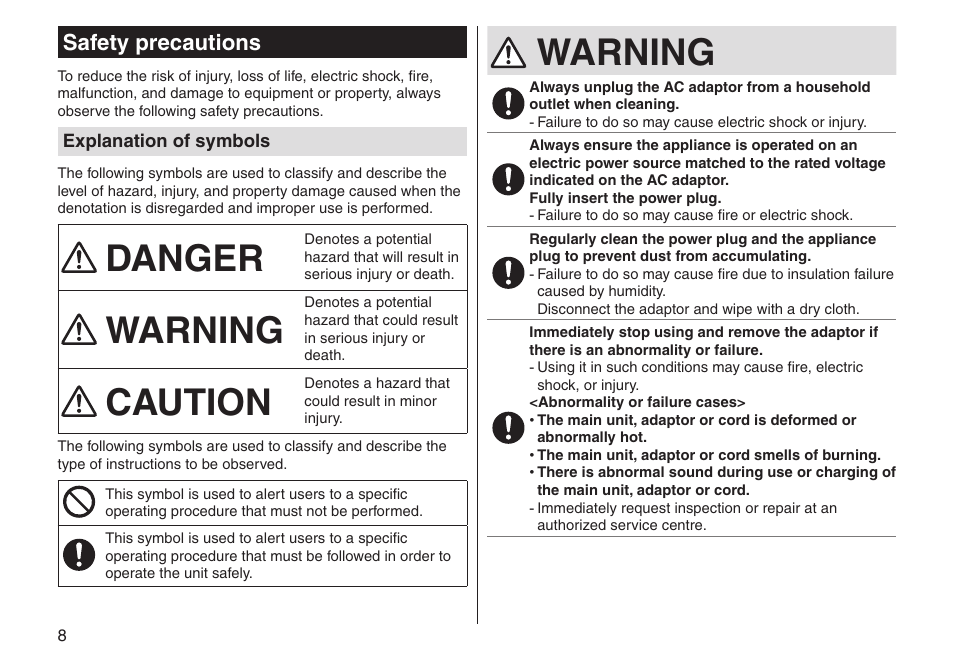 Danger, Warning, Caution | Safety precautions | Panasonic ESLV65 User Manual | Page 8 / 282