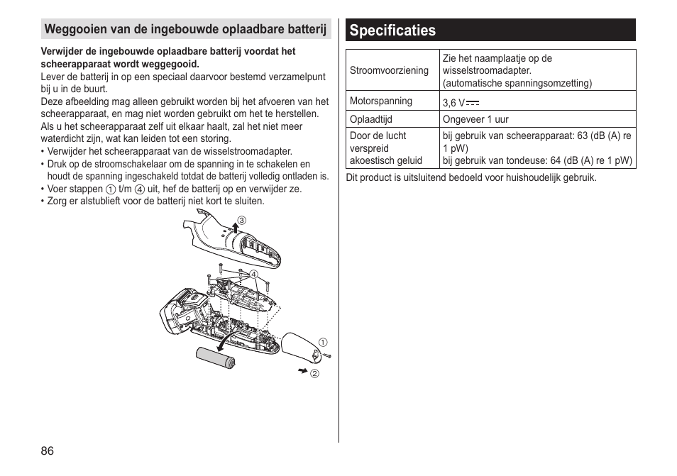 Specificaties, Weggooien van de ingebouwde oplaadbare batterij | Panasonic ESLV65 User Manual | Page 86 / 282