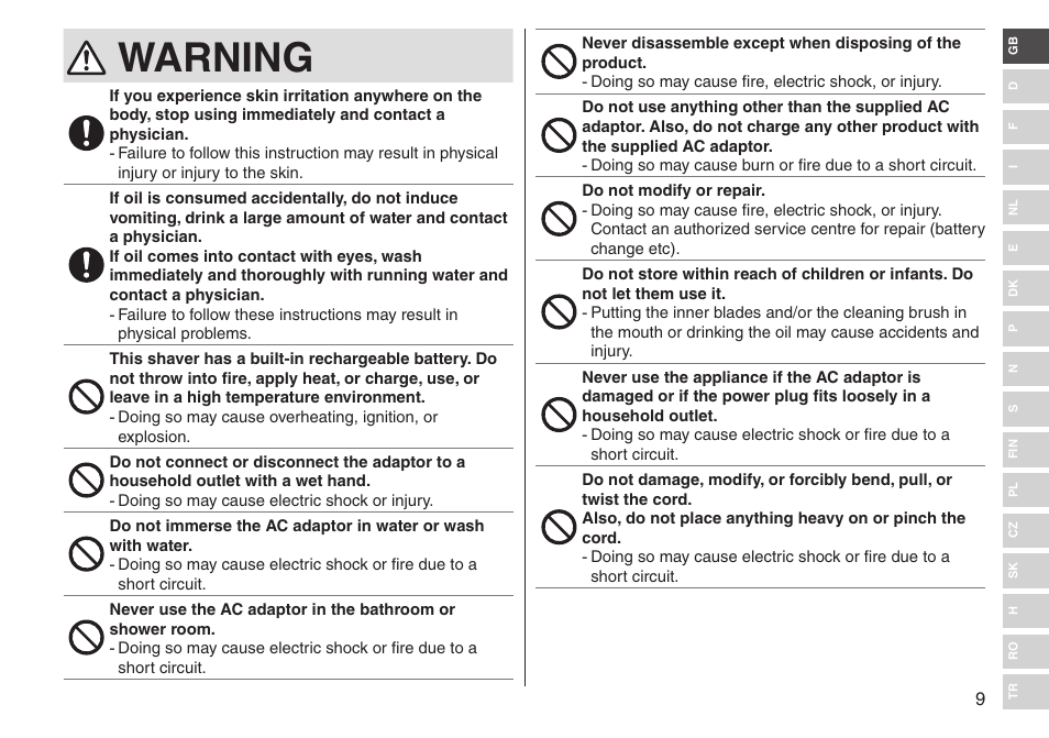 Warning | Panasonic ESLV65 User Manual | Page 9 / 282