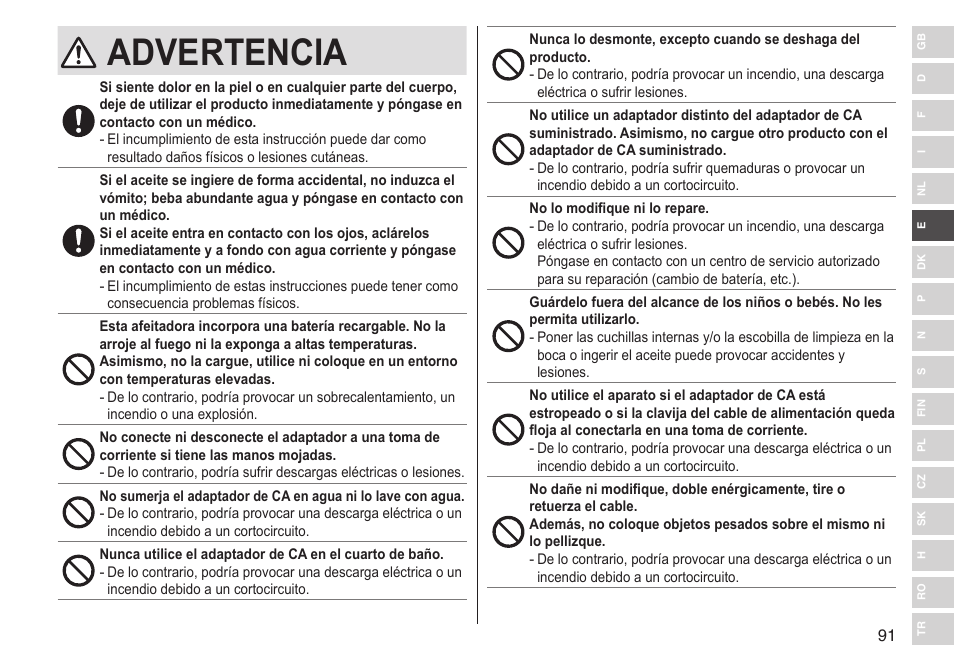 Advertencia | Panasonic ESLV65 User Manual | Page 91 / 282