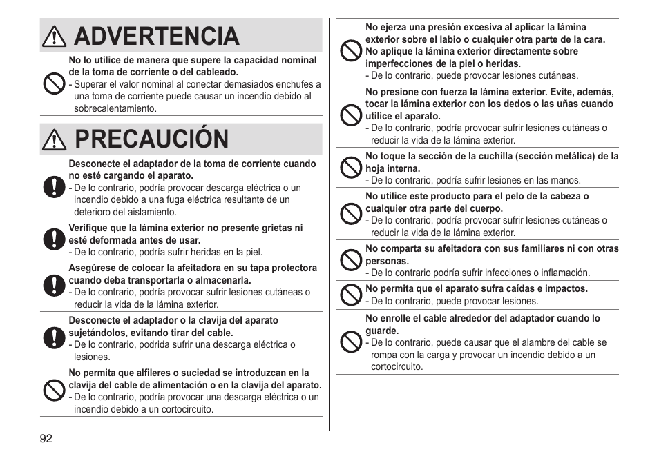 Advertencia, Precaución | Panasonic ESLV65 User Manual | Page 92 / 282