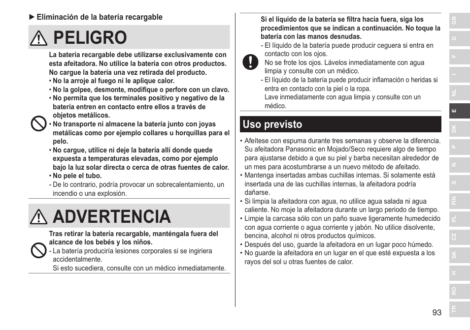 Peligro, Advertencia, Uso previsto | Panasonic ESLV65 User Manual | Page 93 / 282