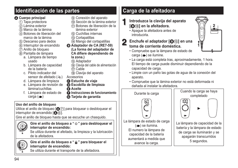 Carga de la afeitadora, Identificación de las partes | Panasonic ESLV65 User Manual | Page 94 / 282